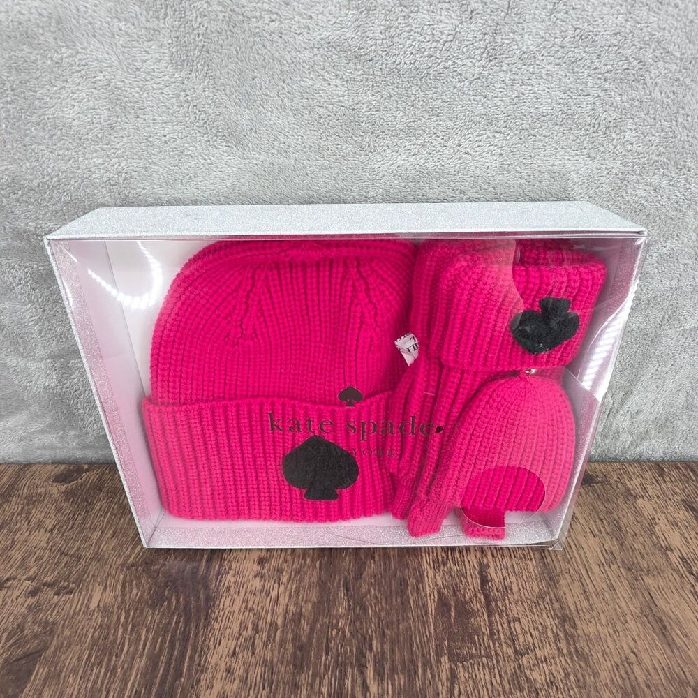 Kate Spade NY Chenille Patch Knit Box Set Beanie Hat Mittens Pink Black Gift New